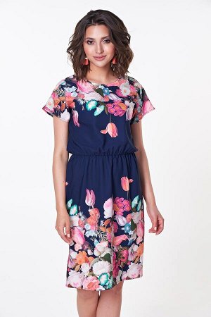 Платье Ульяна №24.Цвет:т.синий/розовые цветы