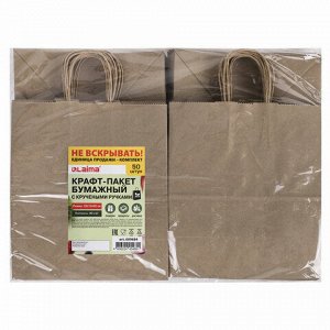 Крафт-пакет бумажный 22х12х25 см, КОМПЛЕКТ 50 шт., крученые ручки, плотность 90 г/м2, LAIMA ECO CRAFT, 609684