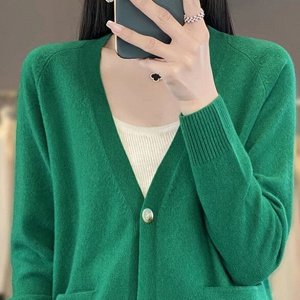 Вязаный кардиган с карманами и длинным рукавом, зеленый
