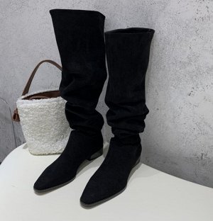 Сапоги-казаки из иск. замши со свободным голенищем, черный