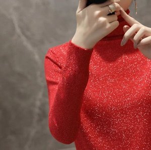 Вязаная блестящая водолазка с высоким горлом и  с длинный рукавом, красная