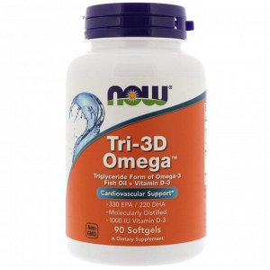 Now Foods, Рыбий жир Омега Tri-3D + витамин D-3, 90 капсул