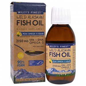 Wiley&#x27 - s Finest, Wild Alaskan Fish Oil, Peak Omega-3 Liquid, Natural Lemon Flavor, 2,150 mg, 4.23 fl oz (125 ml)