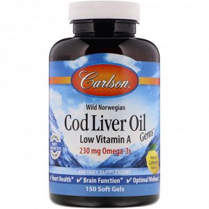 Carlson Labs, Wild Norwegian, Cod Liver Oil Gems, Low Vitamin A, Natural Lemon Flavor, 230 mg, 150 Soft Gels