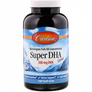 Carlson Labs, Super-DHA Gems, 500 мг, 180 желатиновых капсул