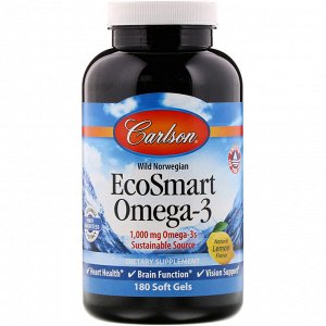 Carlson Labs, EcoSmart Omega-3, натуральный ароматизатор «Лимон», 1000 мг, 180 мягких таблеток