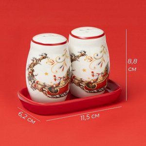 Набор для специй новогодний Доляна «Сани Деда Мороза», 3 предмета: солонка 130 мл, перечница 130 мл, подставка, 16.8x12x9 см, доломит