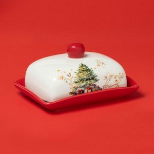 Маслёнка новогодняя Доляна «Волшебное дерево», 16,8*12*9 см, доломит, белая, красная