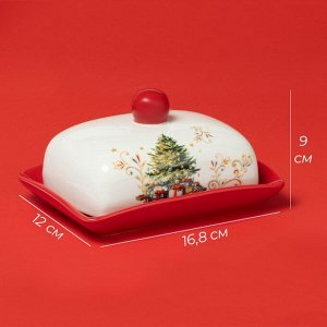 Маслёнка новогодняя Доляна «Волшебное дерево», 16,8*12*9 см, доломит, белая, красная