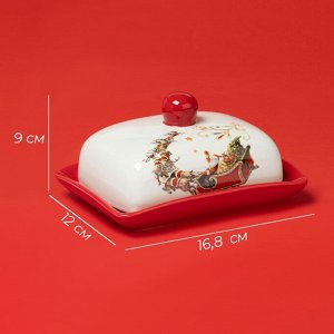 Маслёнка новогодняя Доляна «Сани Деда Мороза», 16,8*12*9 см, доломит, белая, красная