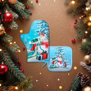 Набор кухонный Доляна Christmas story: прихватка 17x17 см, Варежка-прихватка новогодняя 20x28 см, 35%хл, 65