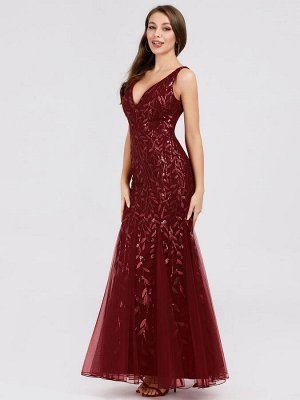 Шикарное вечернее бордовое платье-русалка декорированное пайетками