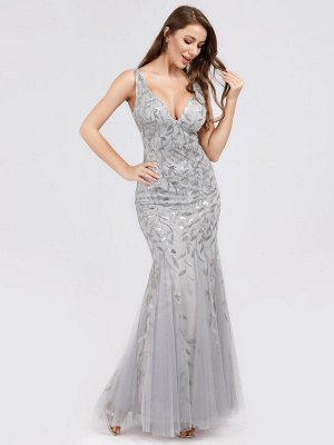 Шикарное вечернее серое платье-русалка декорированное пайетками
