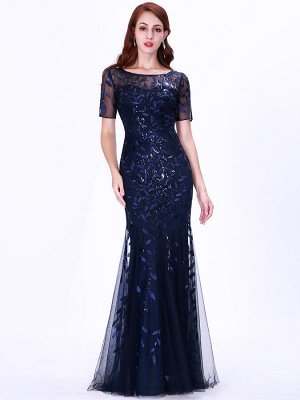 Шикарное вечернее синее платье-русалка декорированное пайетками
