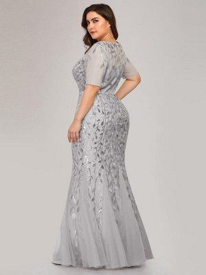 Шикарное вечернее серое платье-русалка декорированное пайетками