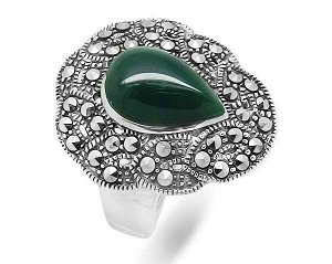 Кольцо из серебра зеленый агат, марказит, SL-AGA62