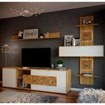 Стенка Берген, 3200х420х2200, Дуб крафт золотой/Белый матовый + МДФ декор