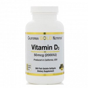 California Gold Nutrition, Витамин D3, 50 мкг (2000 МЕ), 360 мягких капсул с оболочкой из рыбьего желатина