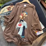 Футболка хлопковая свободная с круглым вырезом и принтом, коричневый