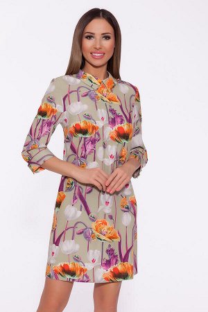 #68621 Платье Оливковый/Оранжевые цветы