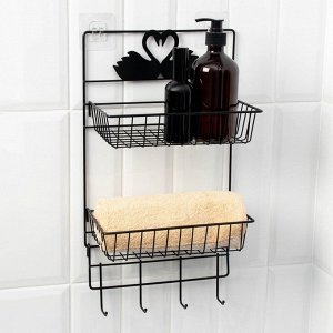 Полка для ванной Доляна, двухъярусная, 4 крючка, 47x25x14 см, чёрная