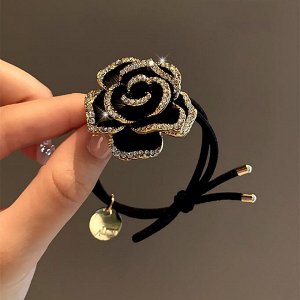 COSMOСOLLECTION_GIFTS Резинка для волос с декоративным цветком из страз, черная