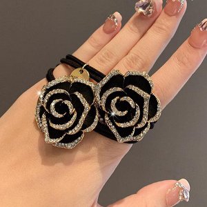 COSMOСOLLECTION_GIFTS Резинка для волос с декоративным цветком из страз, черная