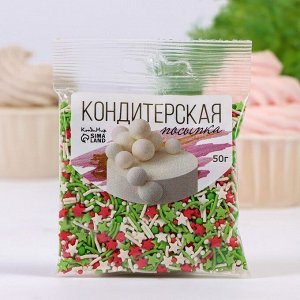 Новогодняя посыпка кондитерская "Микс": зеленая, белая, красная, 50 г