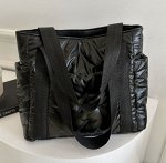 Сумка-шопер текстильная дутая стеганая на плечо с отделениями, черный