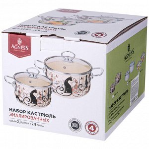 Эмалированный набор кастрюль "Парижские Коты" (4 пр.) - 2,0л и 2,8л, размеры 18х11 см и 20х12 см, 1 шт.