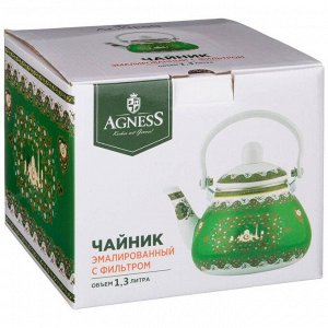 Эмалированный чайник AGNESS «Сура» 1,3 л с нержавеющим фильтром – эксклюзивный дизайн, универсальное использование, идеален для подарка, 1 шт.