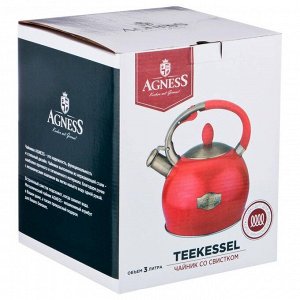 Чайник AGNESS Tudor Pro 3.0 л с термоаккумулирующим дном и индукцией, нержавеющая сталь, со свистком, 1 шт.