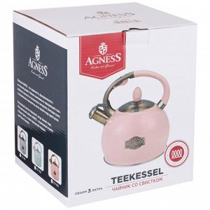 Чайник AGNESS Tudor 3.0 л с термоаккумулирующим дном и индукцией, нержавеющая сталь, быстрый нагрев и длительное сохранение тепла, стильный дизайн со свистком, 1 шт.