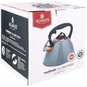 Чайник AGNESS Tudor 2,7 л со свистком, титановое PVD-покрытие, индукция, термодно, стильный медный акцент, 1 шт.
