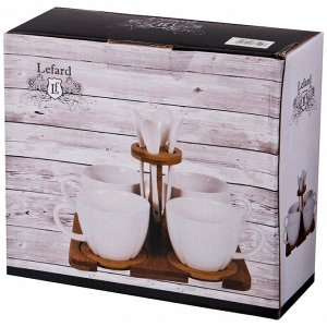 Чайный набор Lefard NATIVE на 4 персоны из белого фарфора с бамбуковой подставкой, 12 предметов, 200 мл, 1 шт.