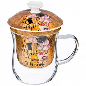 Стеклянная кружка с ситом "Поцелуй" (Г. Klimt) 350 мл, золотая