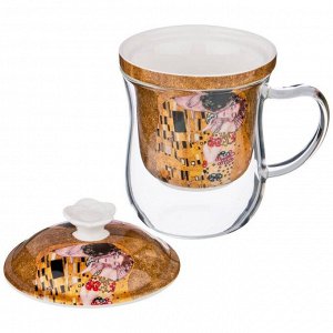 Стеклянная кружка с ситом "Поцелуй" (Г. Klimt) 350 мл, золотая, 1 шт.