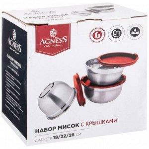 Набор мисок с крышками и противоскользящим дном, 6 предметов (1,3/2,6/4 л), диаметр 18/22/26 см, 1 шт.
