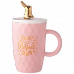 Кружка с крышкой и ложкой Bunny 390 мл, розовая - идеальный аксессуар для вашего чая и кофе, 1 шт.