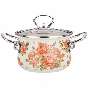 Эмалированная кастрюля с стеклянной крышкой "Корейская Роза", 1.5 л, 16x10 см - идеальный выбор для вашей кухни, 1 шт.