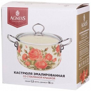 Эмалированная кастрюля с стеклянной крышкой "Корейская Роза", 1.5 л, 16x10 см - идеальный выбор для вашей кухни, 1 шт.