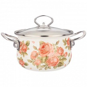 Эмалированная кастрюля с стеклянной крышкой "Корейская Роза", 2.0 л, 18x11 см - Идеальный выбор для вашей кухни!, 1 шт.