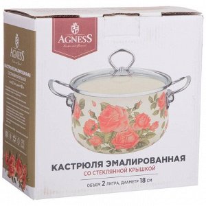 Эмалированная кастрюля с стеклянной крышкой "Корейская Роза", 2.0 л, 18x11 см - Идеальный выбор для вашей кухни!, 1 шт.