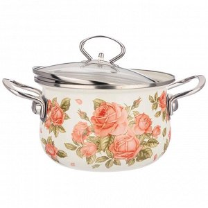 Эмалированная кастрюля с стеклянной крышкой "Корейская Роза", 2.0 л, 18x11 см - Идеальный выбор для вашей кухни!, 1 шт.