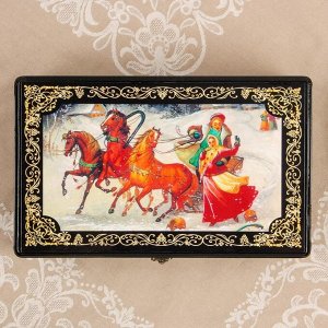 Шкатулка - сундук «Пара на тройке лошадей», лаковая миниатюра, 32х19,5х11 см