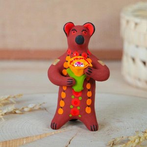 Дымковская игрушка "Медведь с цветком, с петухом, с гармонью", 11 см, микс