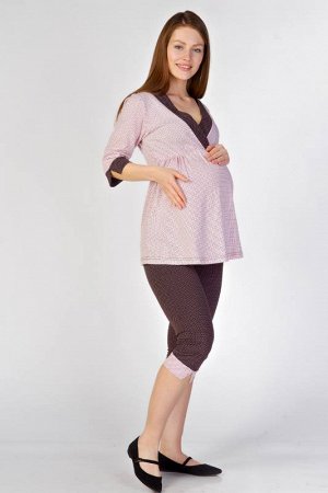 Пижама для беременных и кормящих «Эльза» цвет розовый+коричневый горошек
