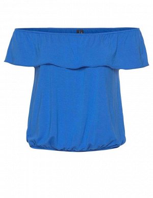 1r Блузка, синяя VERO MODA Женственная блузка в стиле Кармен Louisa от Vero Moda с воланом вдоль выреза и кантом в виде баллона. Обрамляющая фигуру форма. Эластичный трикотаж из 94; вискозы и 6% эласт