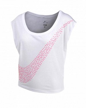 1r Блузка, бело-розовая NIKE Женственная блузка из материала Dri-FIT. Широкий круглый вырез горловины и модный логотип спереди. Аппликация с логотипом под металл сзади. Свободный крой. Длина спереди о