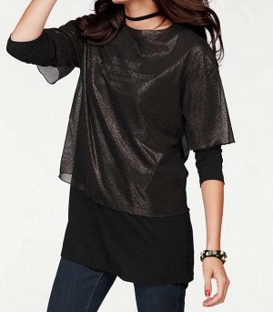 1r Блузка 2 в 1, черно-золотистая Aniston Удлиненная блузка и стиль 2 в 1. Модная надпись с круглым вырезом горловины и вшитая блузка из блестящего меша. Нижняя часть из удобного трикотажа. Обрамляющи